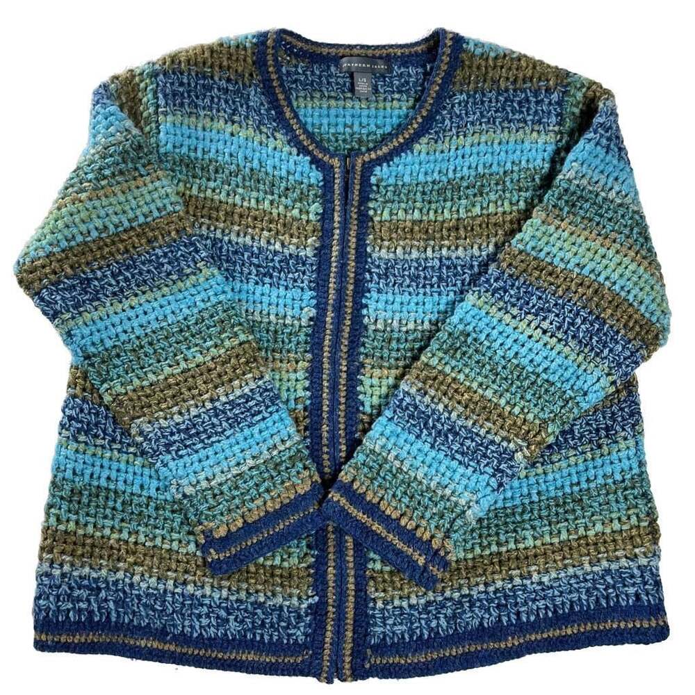 Northern Isles 100% Wool Zip Cardigan Sweater Blue‎ Green Stripe Size L